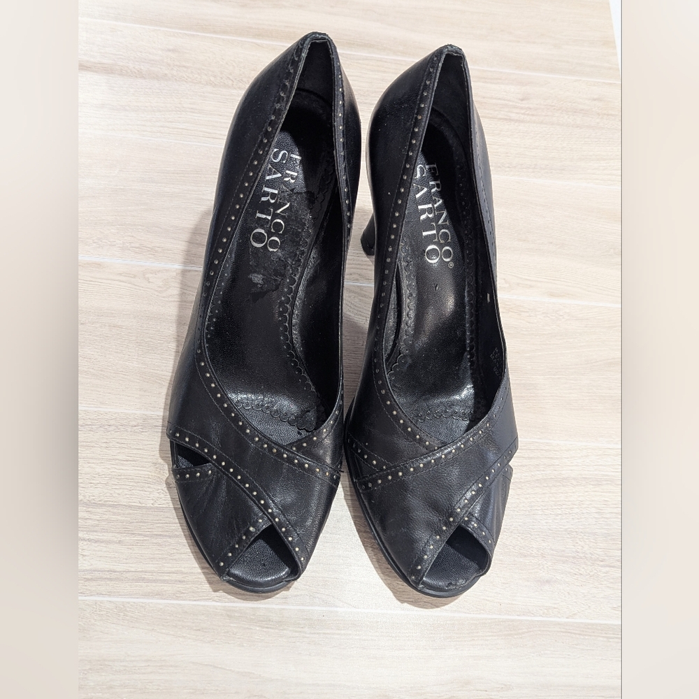 Franco Sarto Heels Black Leather Open Toe 3.5" Heel Shoes Size 9 *GUC